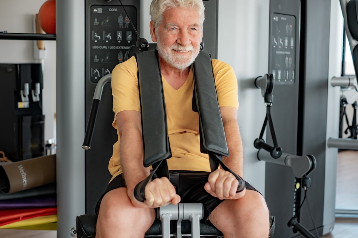 Fit senior man doing exercises in the gym to strengthen his arm